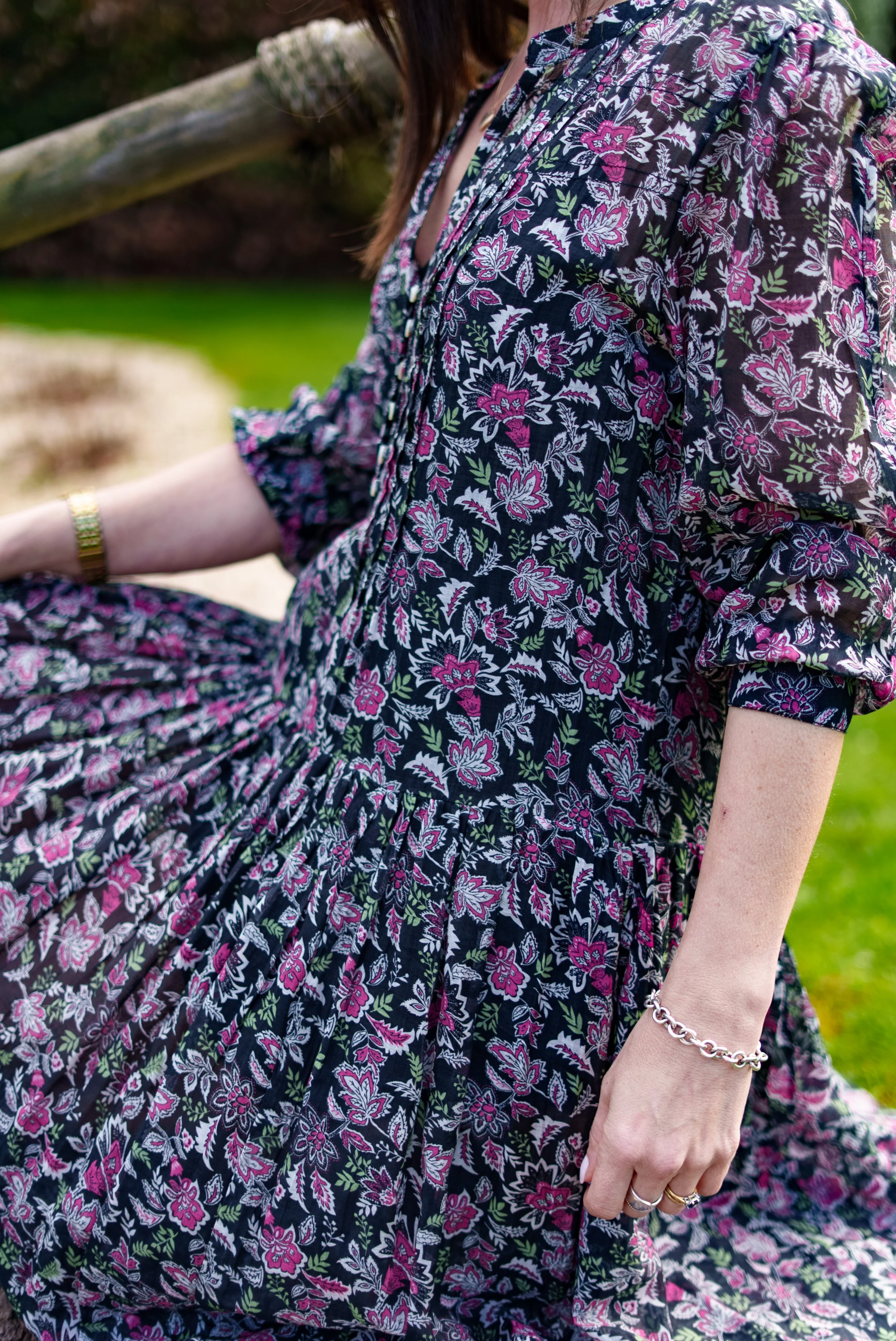 Soul Of Sita Inky Black Cotton / Silk Maxi Dress In Beautiful Floral Print With Separate Cotton Vest Under Garment. Side Pockets. - Image 6