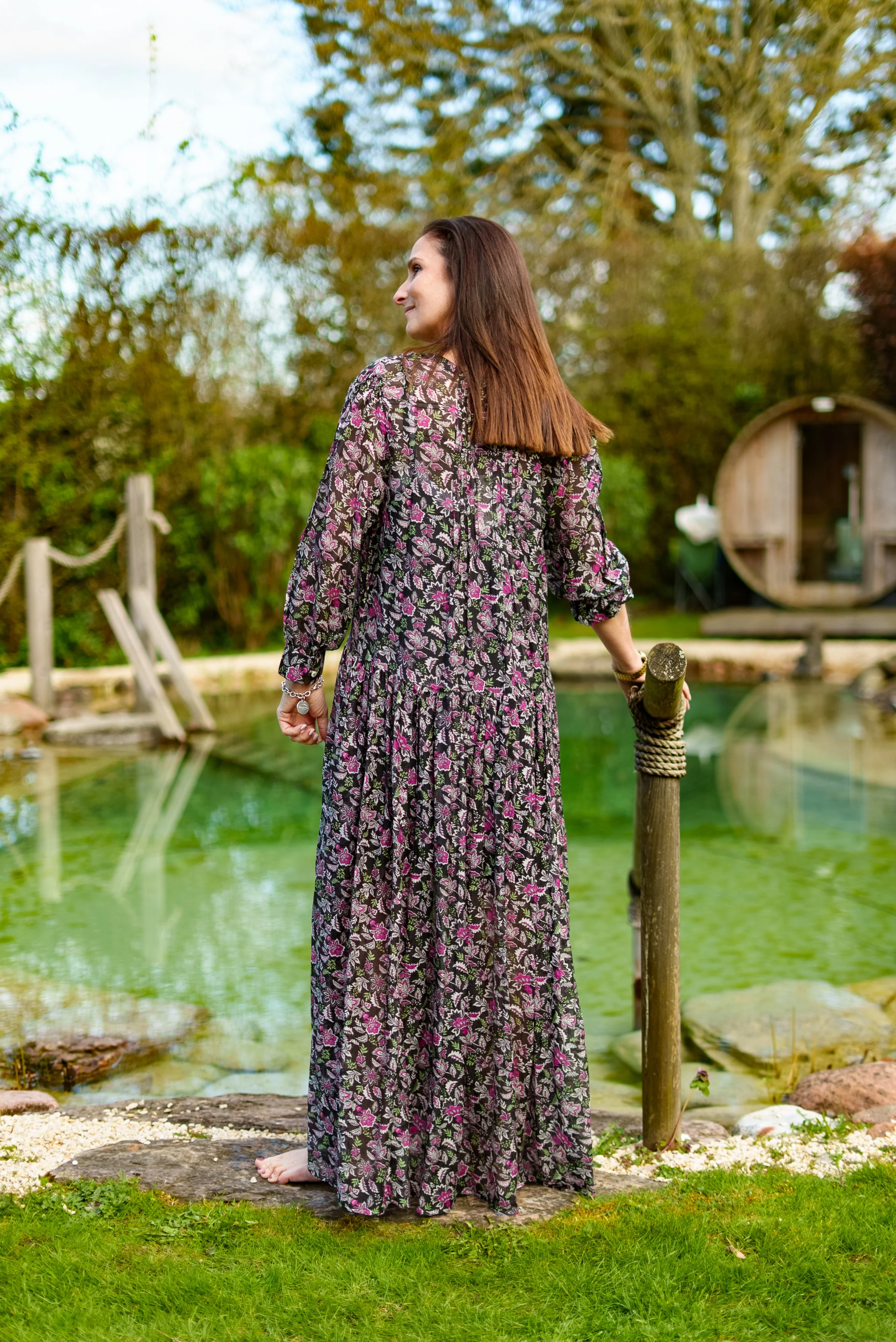 Soul Of Sita Inky Black Cotton / Silk Maxi Dress In Beautiful Floral Print With Separate Cotton Vest Under Garment. Side Pockets. - Image 7