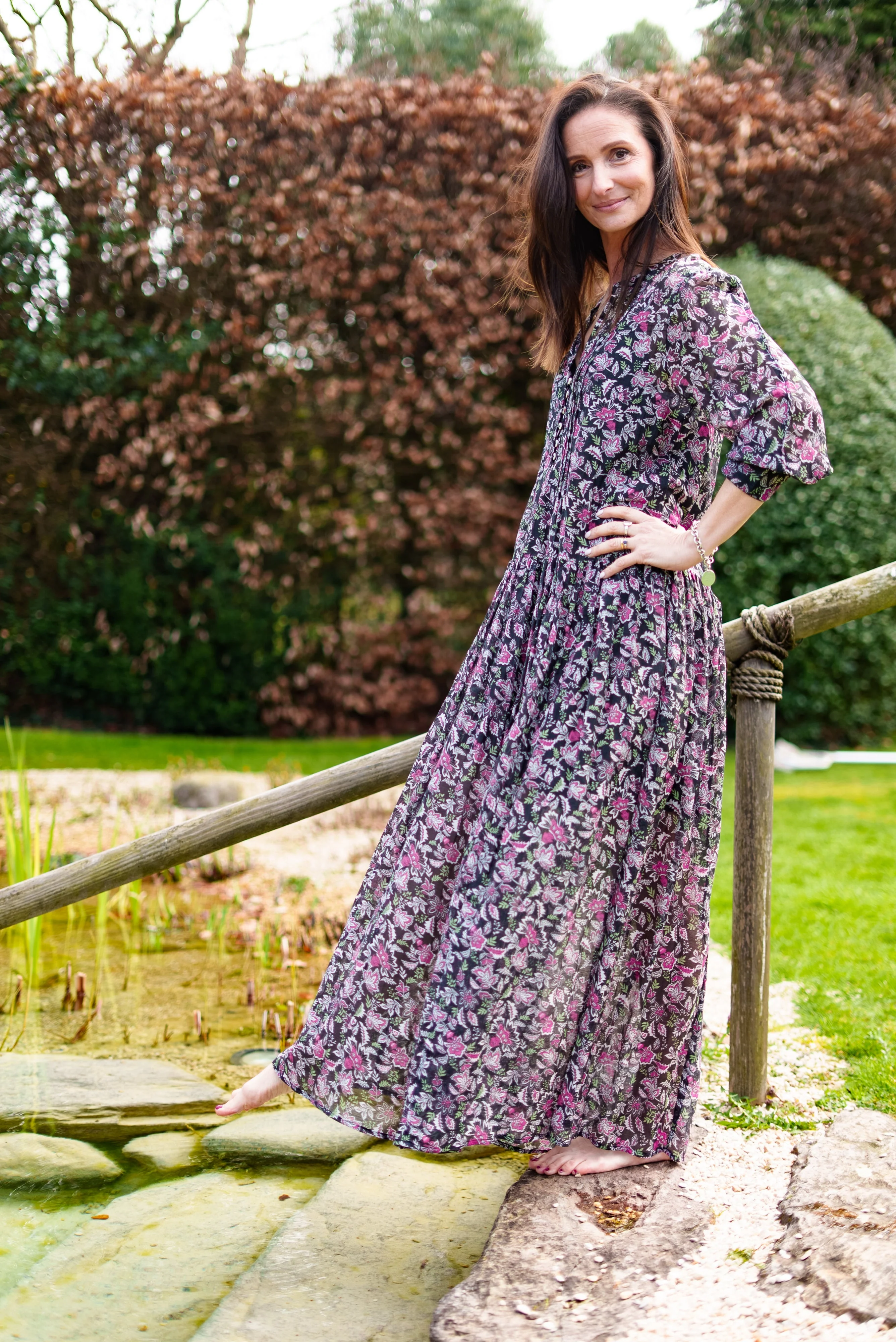Soul Of Sita Inky Black Cotton / Silk Maxi Dress In Beautiful Floral Print With Separate Cotton Vest Under Garment. Side Pockets. - Image 8
