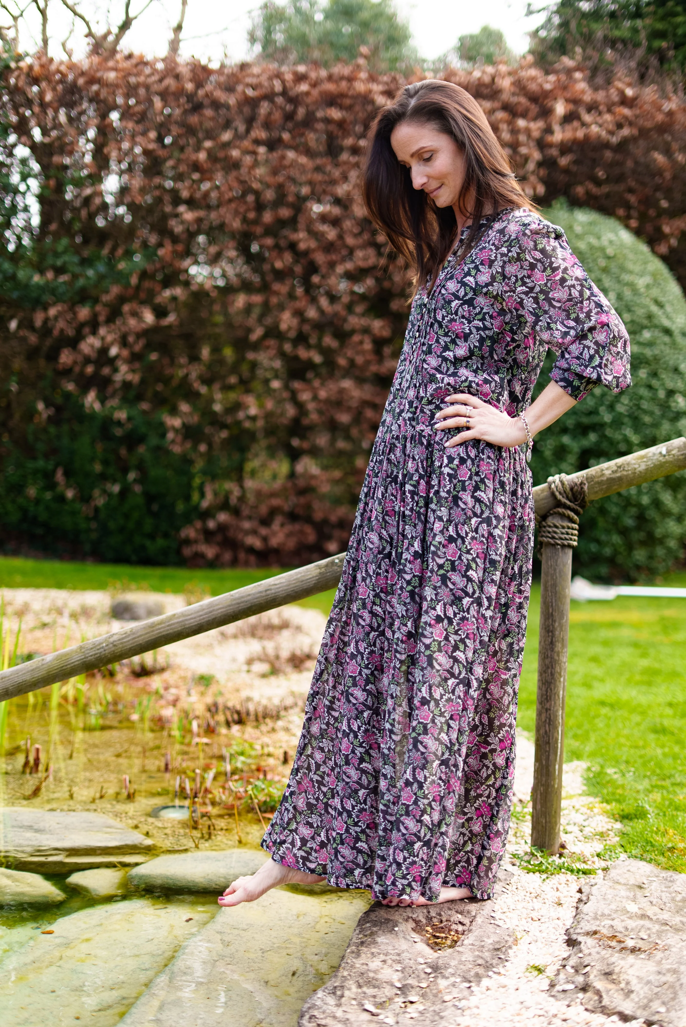 Soul Of Sita Inky Black Cotton / Silk Maxi Dress In Beautiful Floral Print With Separate Cotton Vest Under Garment. Side Pockets. - Image 9