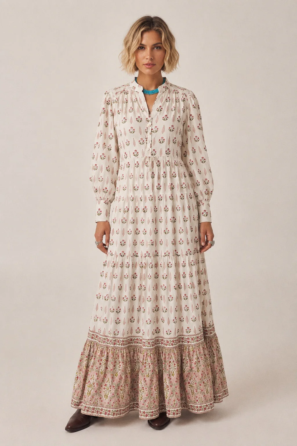 Soul Of Sita Lalita Cream Woodblock Print Maxi Dress 100% Cotton, Side Pockets And Border