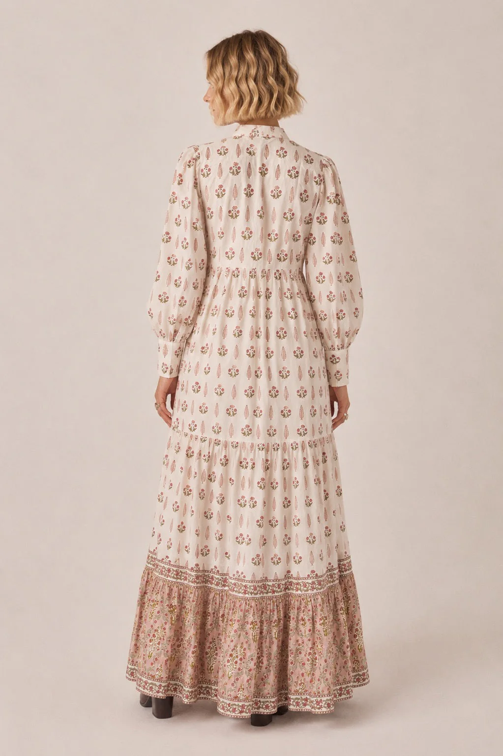Soul Of Sita Lalita Cream Woodblock Print Maxi Dress 100% Cotton, Side Pockets And Border - Image 2