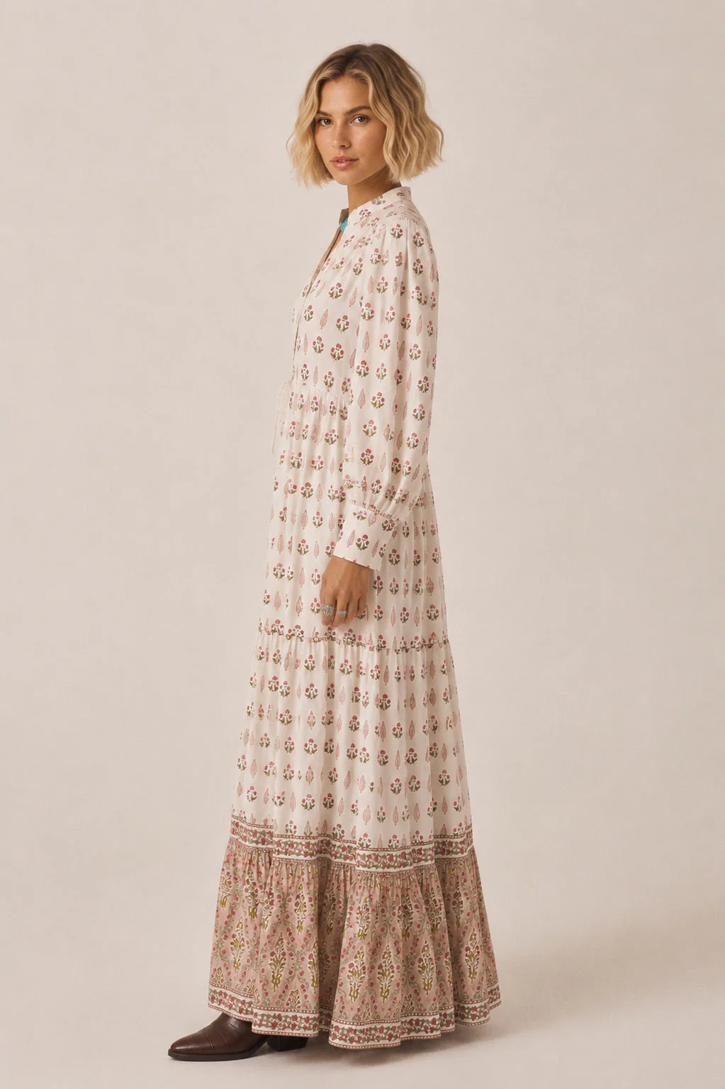 Soul Of Sita Lalita Cream Woodblock Print Maxi Dress 100% Cotton, Side Pockets And Border - Image 3