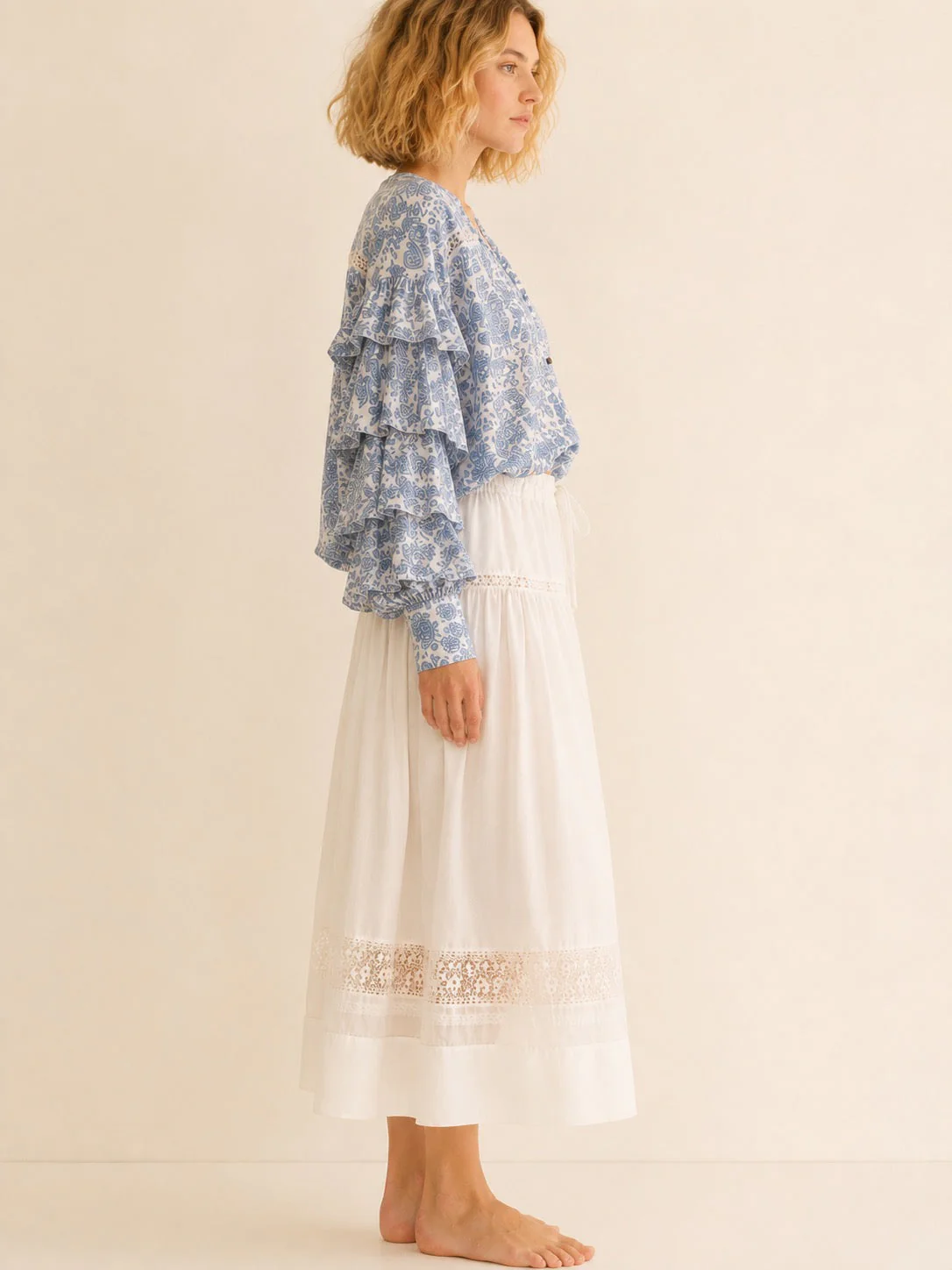Soul Of Sita Liberty Woodblock Printed Frill Sleeve Blouse In Blue Paisley Floral - Image 2