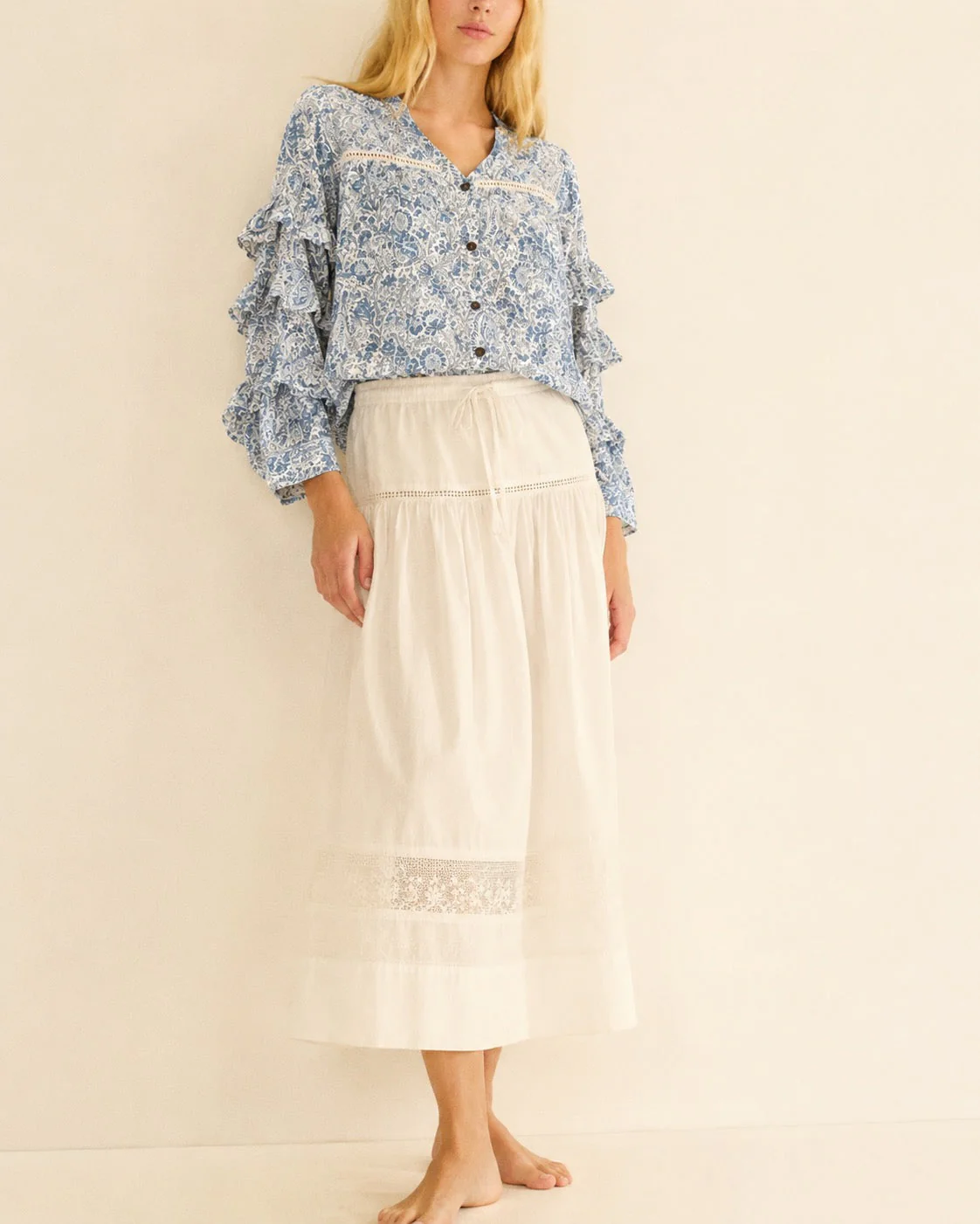 Soul Of Sita Liberty Woodblock Printed Frill Sleeve Blouse In Blue Paisley Floral - Image 3