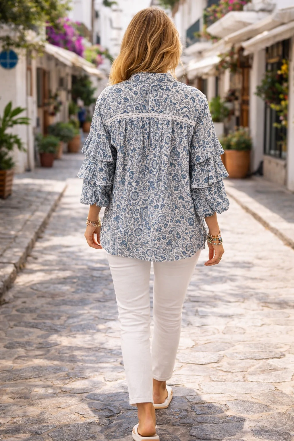 Soul Of Sita Liberty Woodblock Printed Frill Sleeve Blouse In Blue Paisley Floral - Image 6