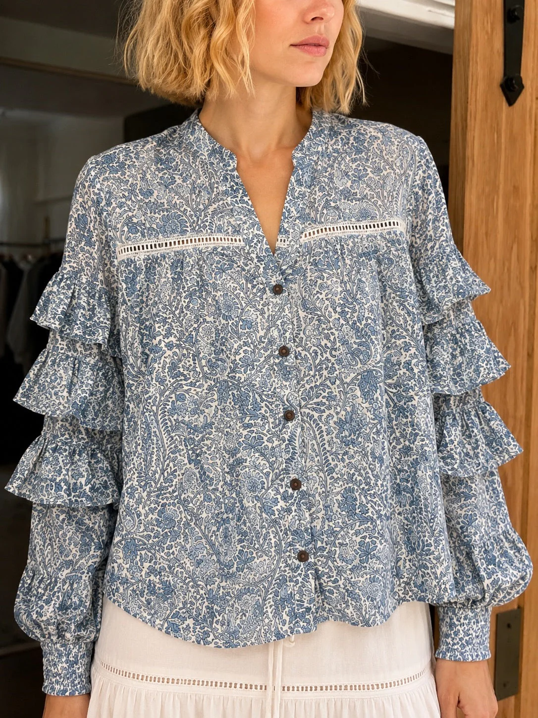 Soul Of Sita Liberty Woodblock Printed Frill Sleeve Blouse In Blue Paisley Floral - Image 7