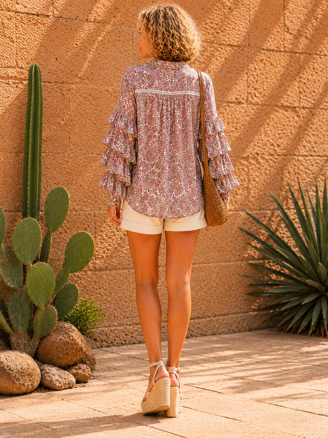Soul Of Sita Liberty Woodblock Printed Frill Sleeve Blouse In Pink Paisley Floral - Image 3