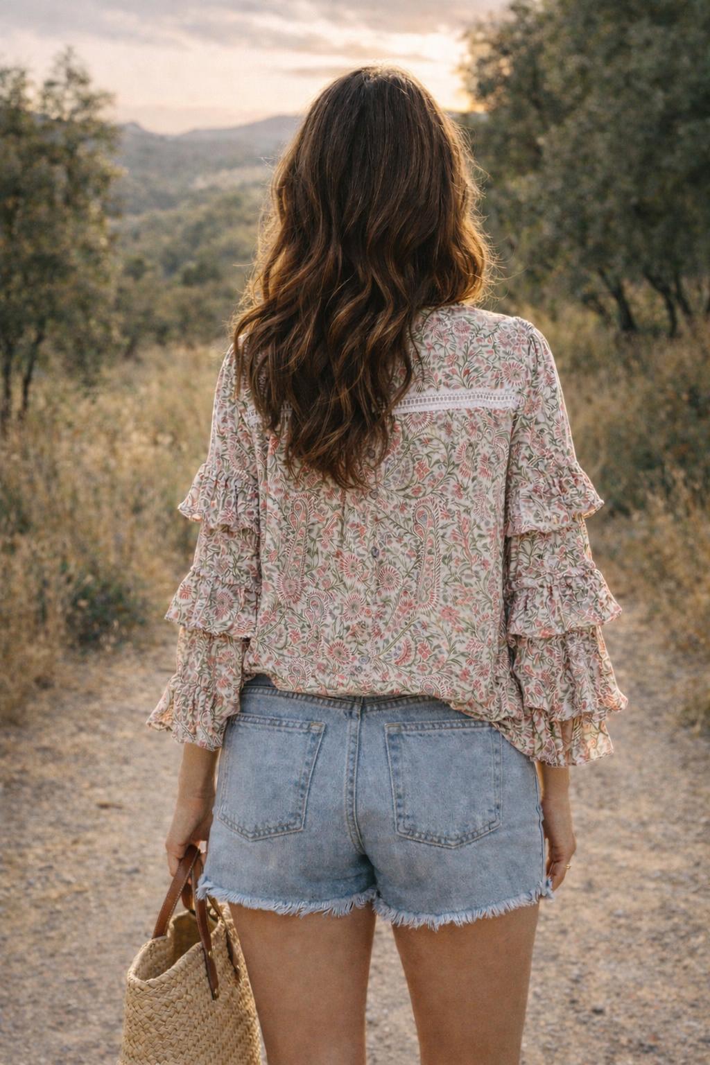 Soul Of Sita Liberty Woodblock Printed Frill Sleeve Blouse In Pink Paisley Floral - Image 5