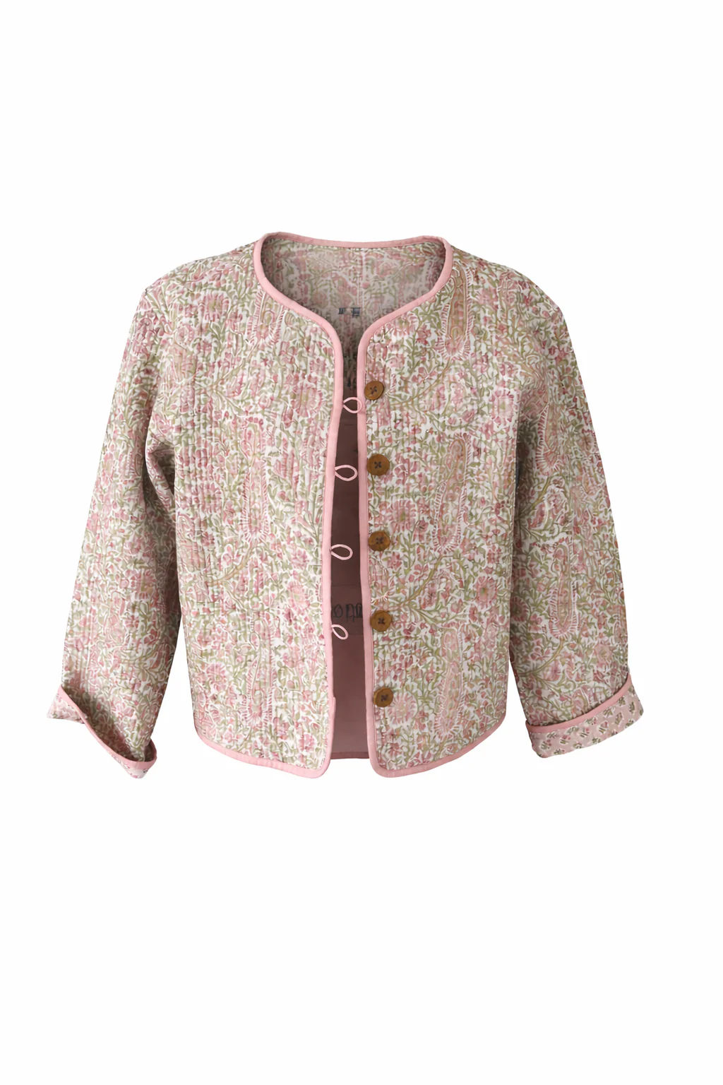 Soul Of Sita Pink/Green Floral Wood Block Printed Reversible Jacket With Wooden Buttons, 100% Cotton, Hand Printed By Amazingly Talented Artisans In Jaipur. - Image 14