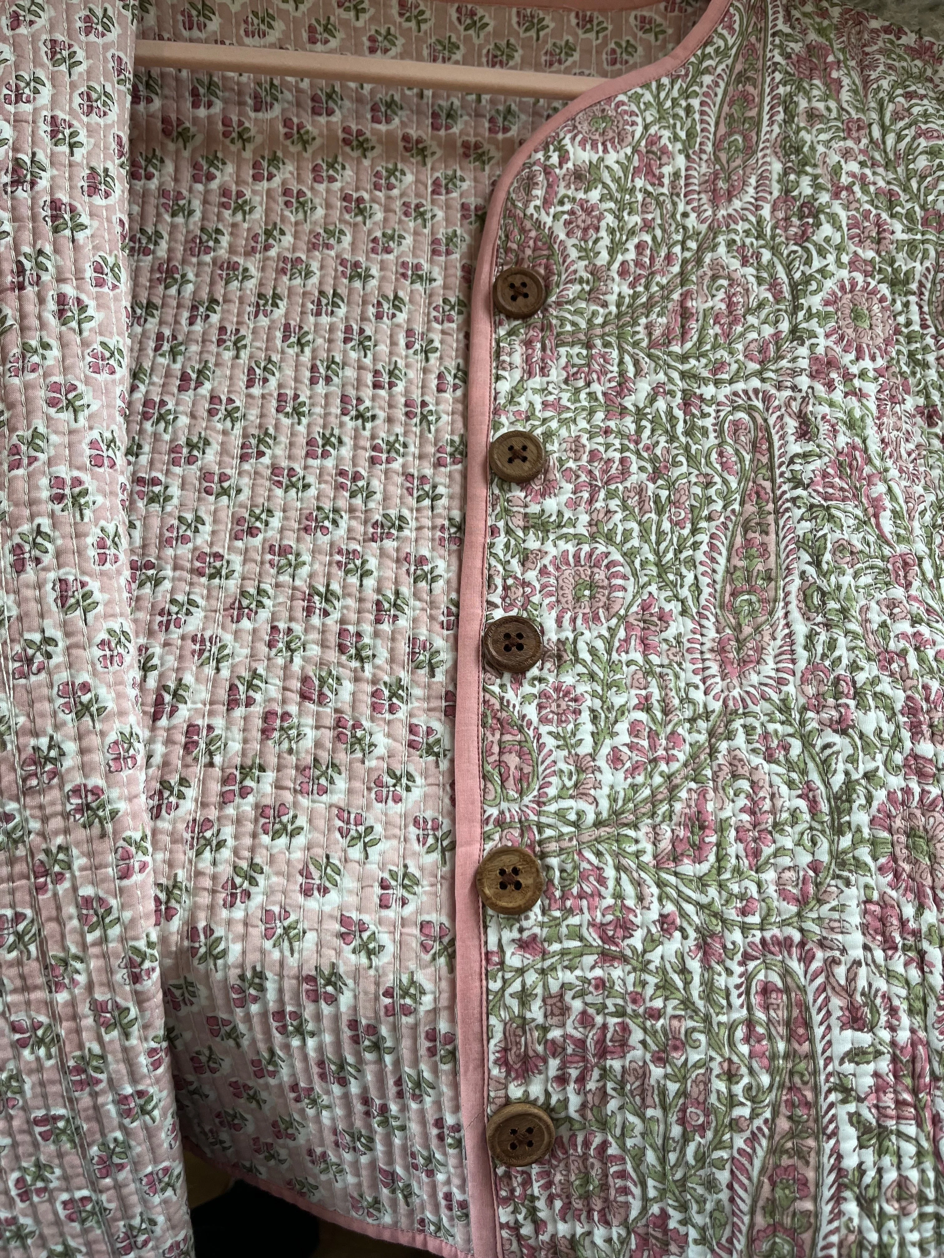 Soul Of Sita Pink/Green Floral Wood Block Printed Reversible Jacket With Wooden Buttons, 100% Cotton, Hand Printed By Amazingly Talented Artisans In Jaipur. - Image 16