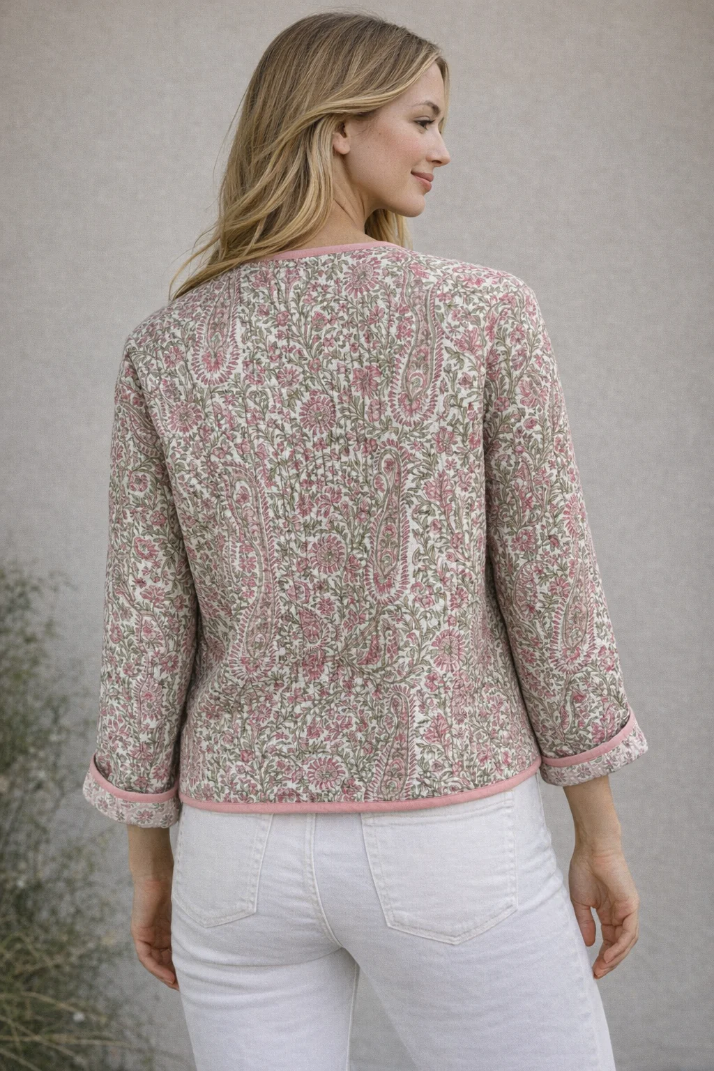 Soul Of Sita Pink/Green Floral Wood Block Printed Reversible Jacket With Wooden Buttons, 100% Cotton, Hand Printed By Amazingly Talented Artisans In Jaipur. - Image 6