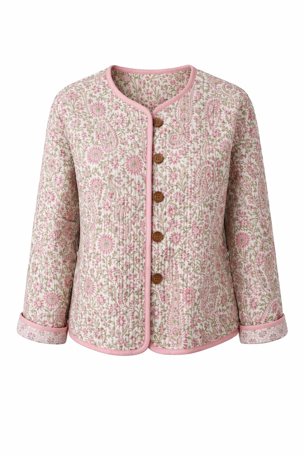 Soul Of Sita Pink/Green Floral Wood Block Printed Reversible Jacket With Wooden Buttons, 100% Cotton, Hand Printed By Amazingly Talented Artisans In Jaipur. - Image 7