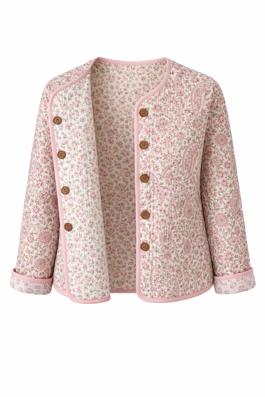 Soul Of Sita Pink/Green Floral Wood Block Printed Reversible Jacket With Wooden Buttons, 100% Cotton, Hand Printed By Amazingly Talented Artisans In Jaipur. - Image 8
