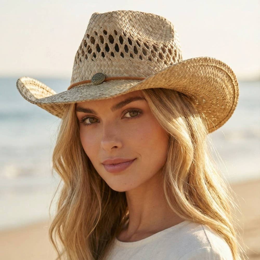 Soul Of Sita Straw Basket Rope Strap Western Cowboy Hat: Natural - Image 2