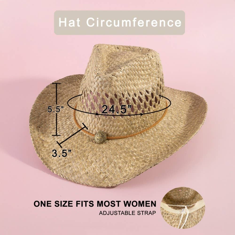 Soul Of Sita Straw Basket Rope Strap Western Cowboy Hat: Natural - Image 6
