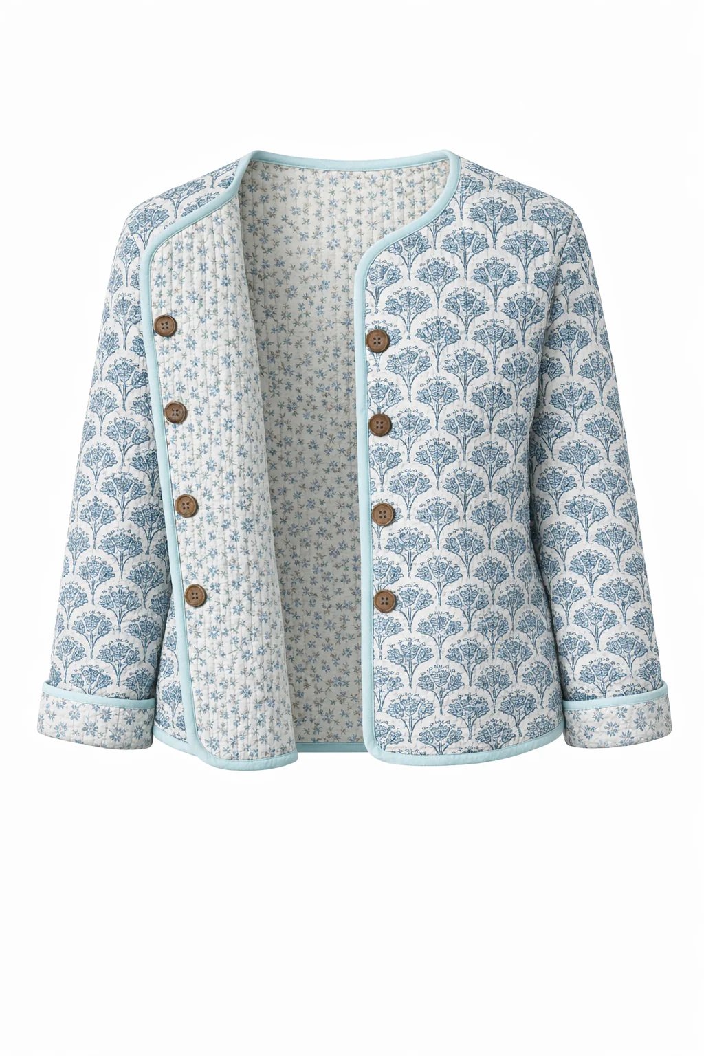 Soul Of Sita Wood Block Printed Cotton Quilted Reversible Jacket In Soft Blues. - Image 3