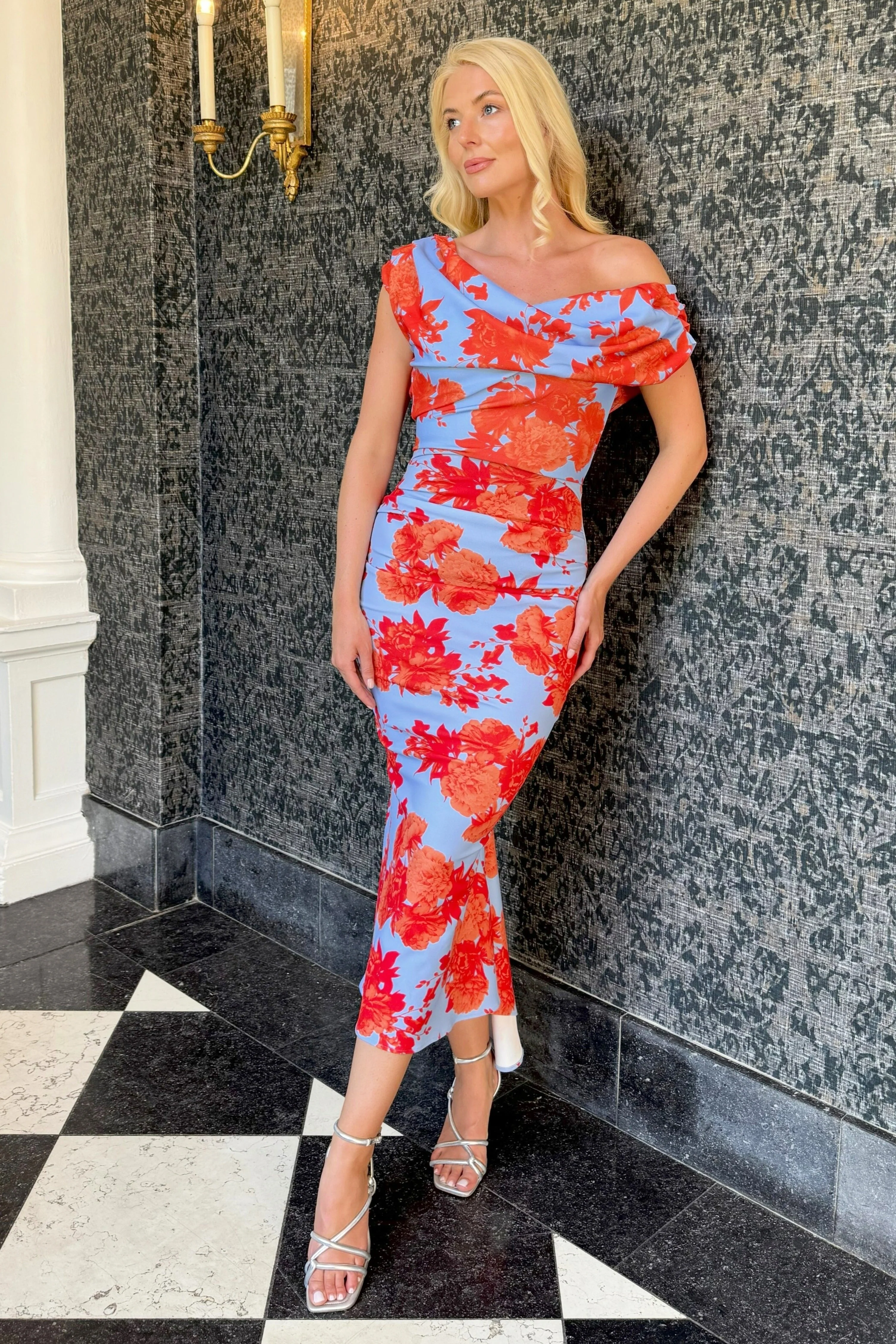 Atom Label Powder Blue & Orange Floral D3 Ss26 Mercury Midi Dress - Image 2