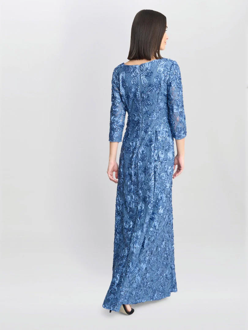 Gina Bacconi Susanna Rosette Maxi Dress With 3/4 Illusion Sleeves - Image 2