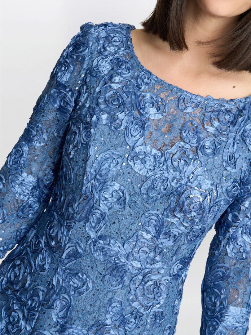 Gina Bacconi Susanna Rosette Maxi Dress With 3/4 Illusion Sleeves - Image 3