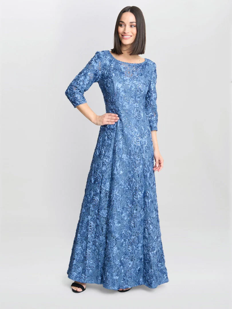 Gina Bacconi Susanna Rosette Maxi Dress With 3/4 Illusion Sleeves - Image 4