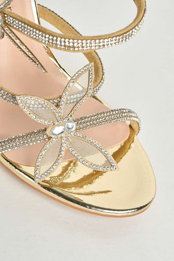 Miss Diva Gold Toki Butterfly Detail Diamante Heels - Image 5