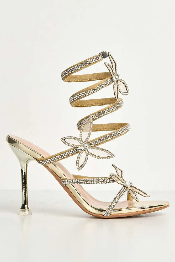 Miss Diva Gold Toki Butterfly Detail Diamante Heels - Image 6