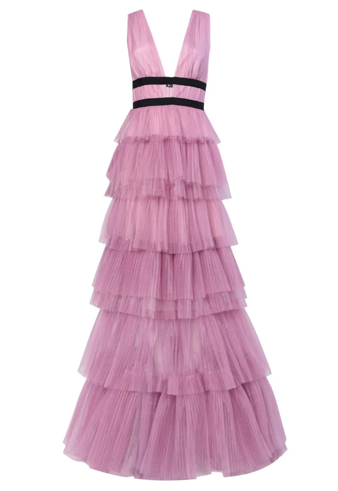 True Decadence Dark Pink Layered Tulle Maxi Dress - Image 3