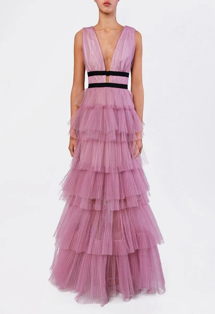 True Decadence Dark Pink Layered Tulle Maxi Dress - Image 7