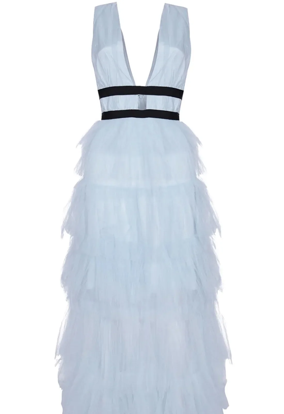 True Decadence Eliza Dusty Blue Plunging Neck Layered Tulle Skirt Maxi-Dress - Image 3