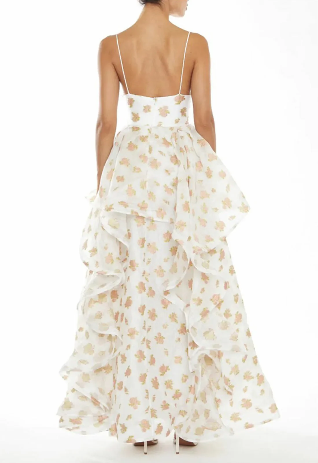 True Decadence Ingrid Peach-Floral Organza Layered Ruffle Strappy Maxi Dress