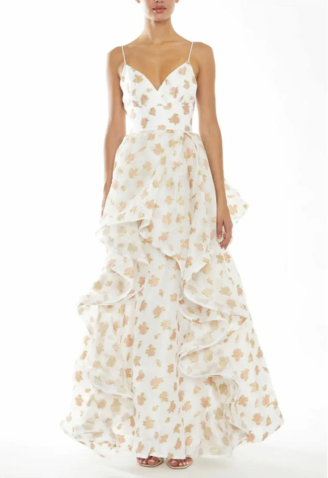 True Decadence Ingrid Peach-Floral Organza Layered Ruffle Strappy Maxi Dress - Image 2