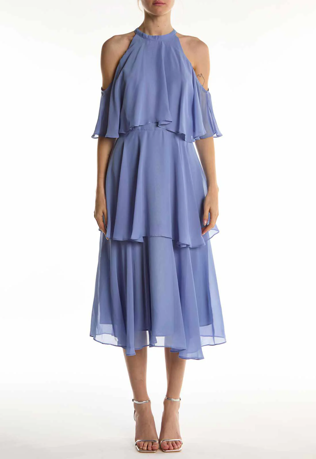 True Decadence Mid Blue High-Neck Ruffle Midi Dress