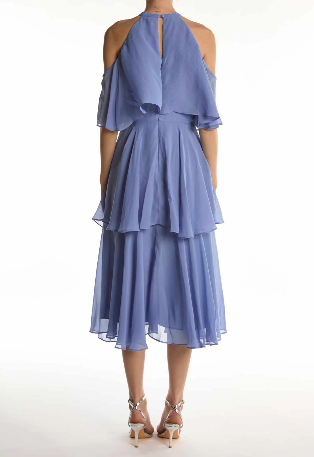 True Decadence Mid Blue High-Neck Ruffle Midi Dress - Image 2