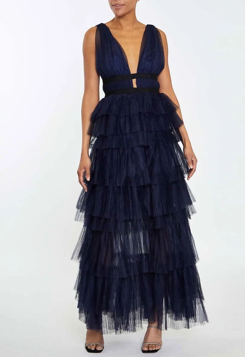 True Decadence Navy Layered Tulle Maxi Dress - Image 3