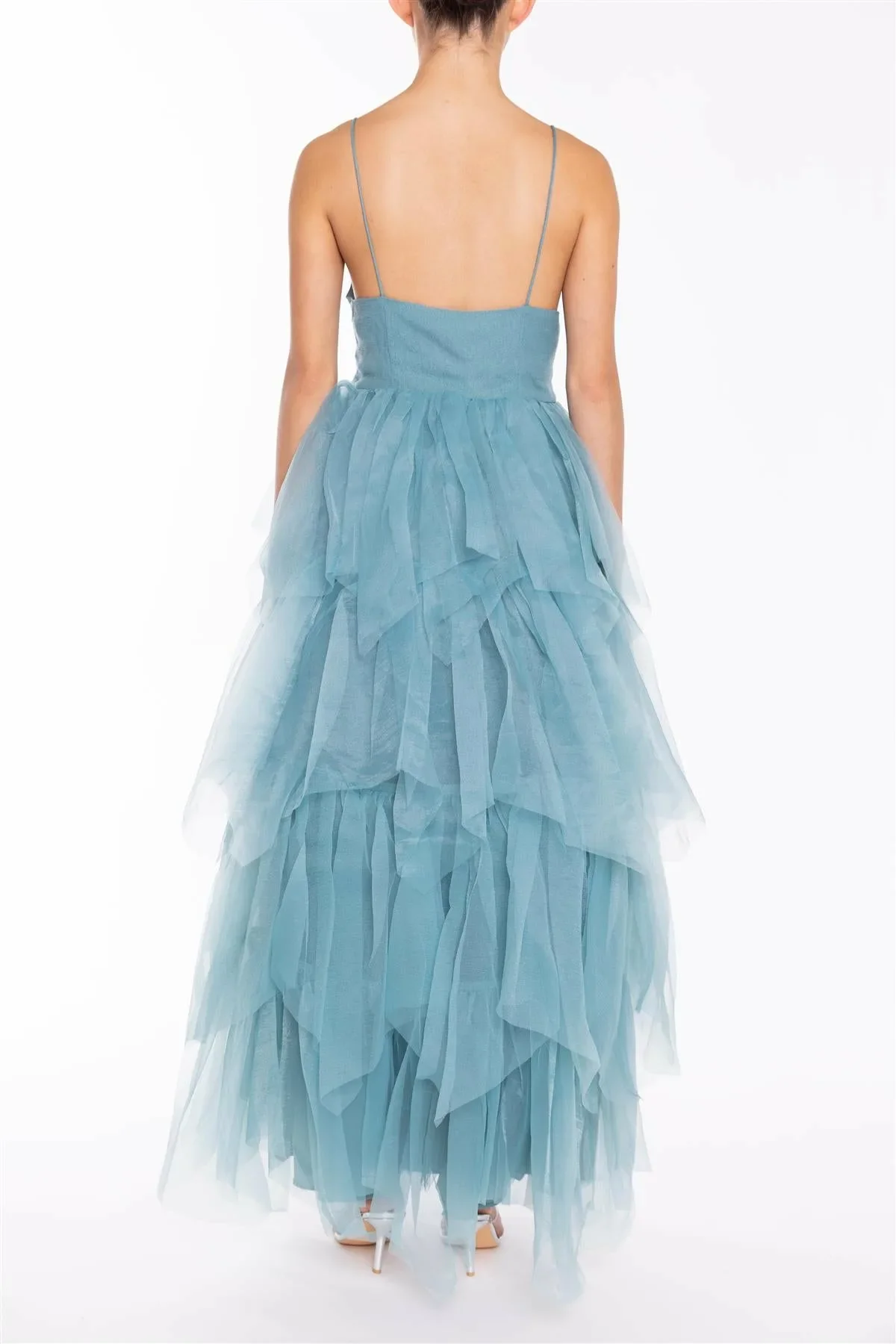 True Decadence Saige Mineral Blue V-neck Tiered Tulle Maxi Dress - Image 2
