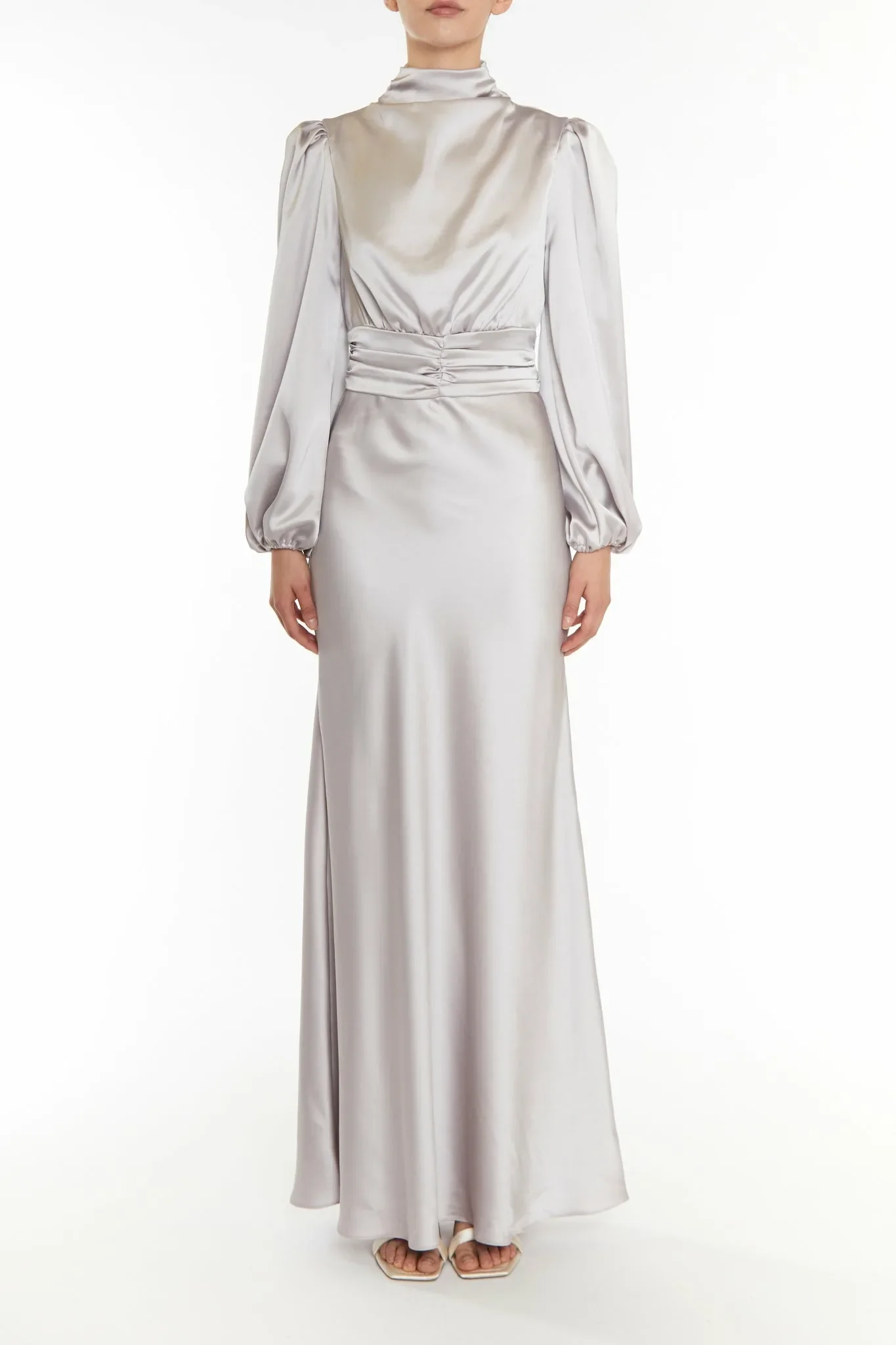 True Decadence Sutton Silver High Cowl-Neck Maxi Dress
