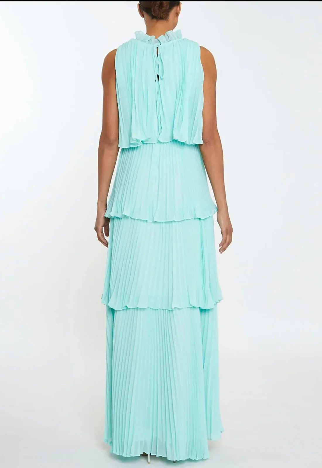 True Decadence Tara Aqua Tiered Pleated Maxi Dress with High Ruffle Neck - Image 4