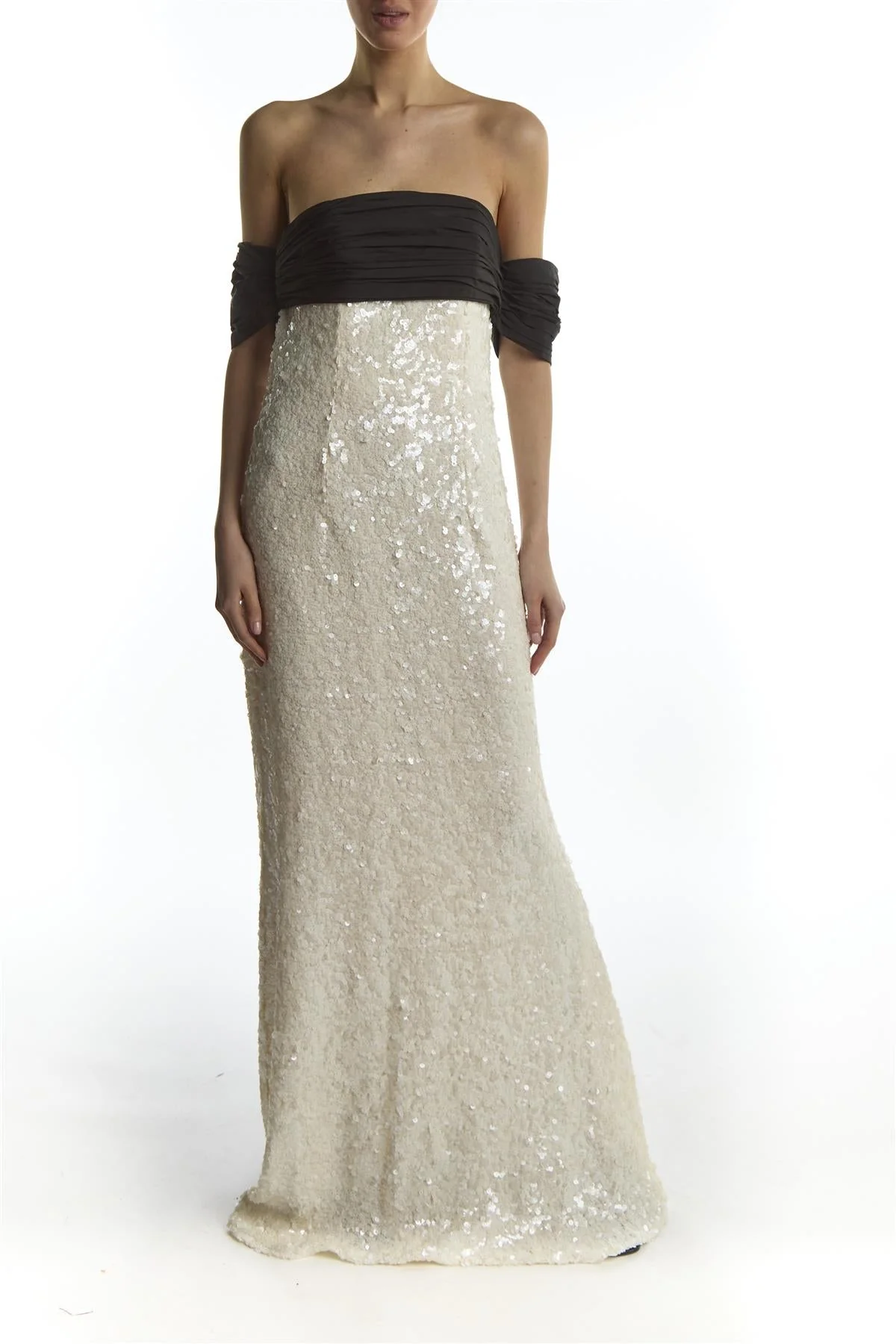 True Decadence White Black Sequin Bardot Bow Maxi-Dress