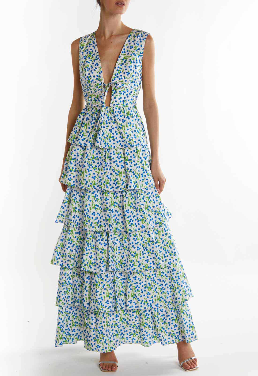 True Decadence White-Blueberry Print Genevieve Tiered Maxi Dress - Image 3