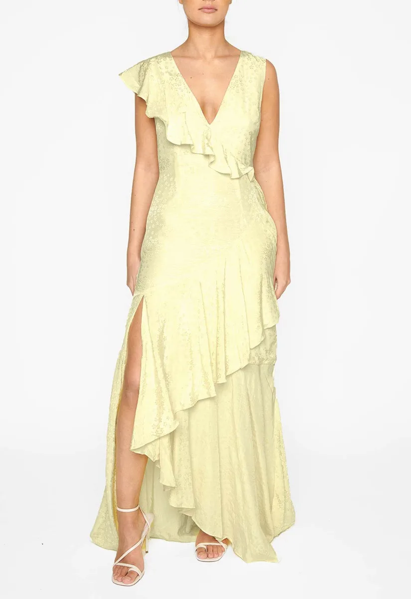 True Decadence Yellow Satin Layered Maxi Dress - Image 6