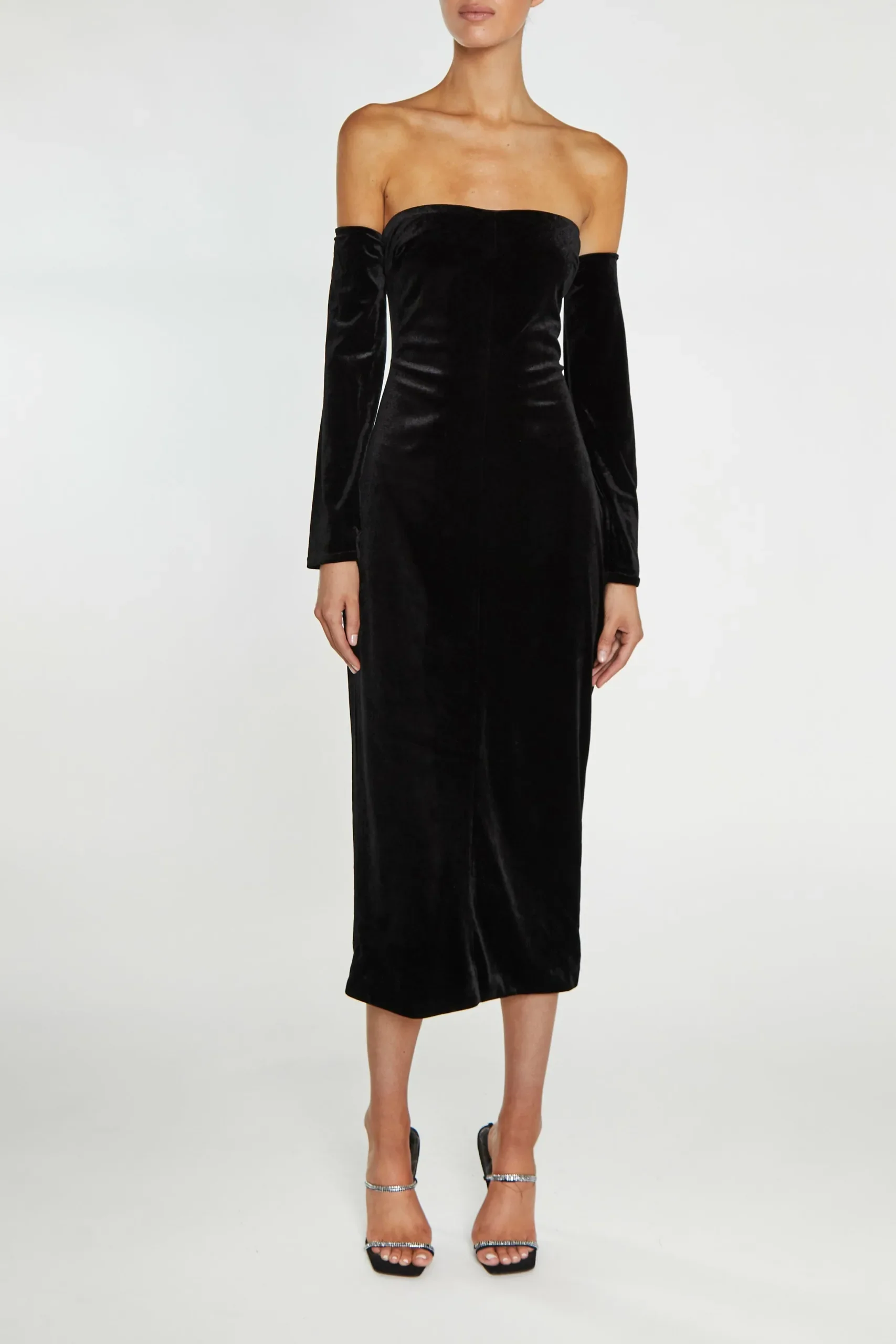 True Decadence Zoe Black Bardot Fitted Midi Dress - Image 3