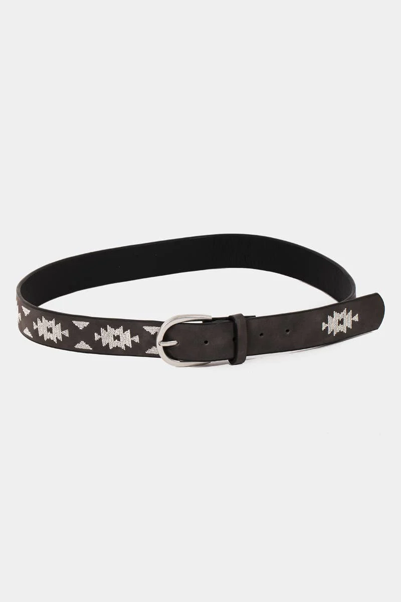 Western Boho Embroidered Pattern Vegan Leather Belt: BK - Image 3