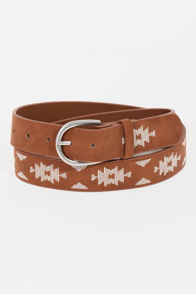 Western Boho Embroidered Pattern Vegan Leather Belt: BK - Image 5