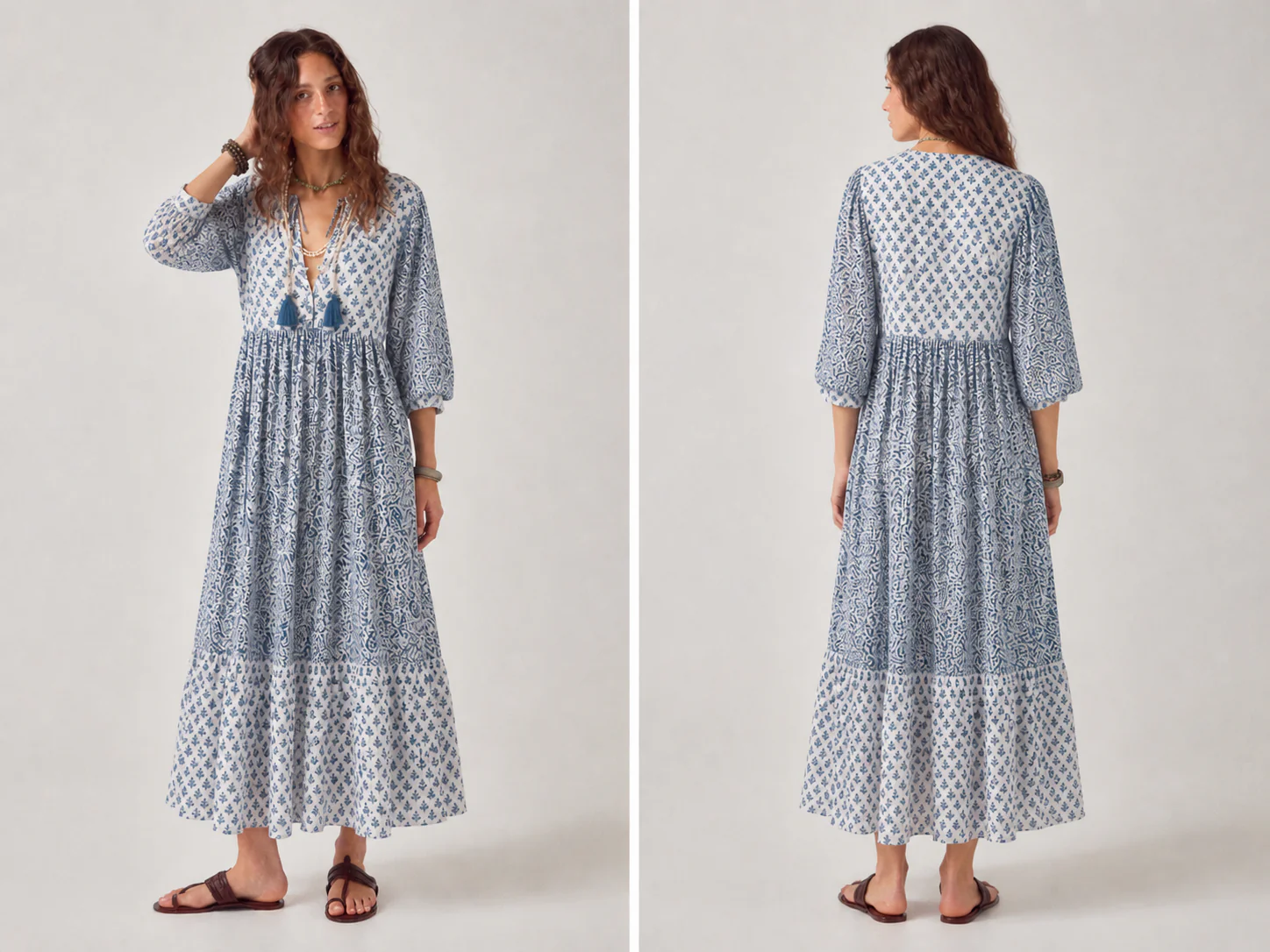 Woodblock printed Cotton Voile dress in blue and white print with button bodice with ties. - Image 2