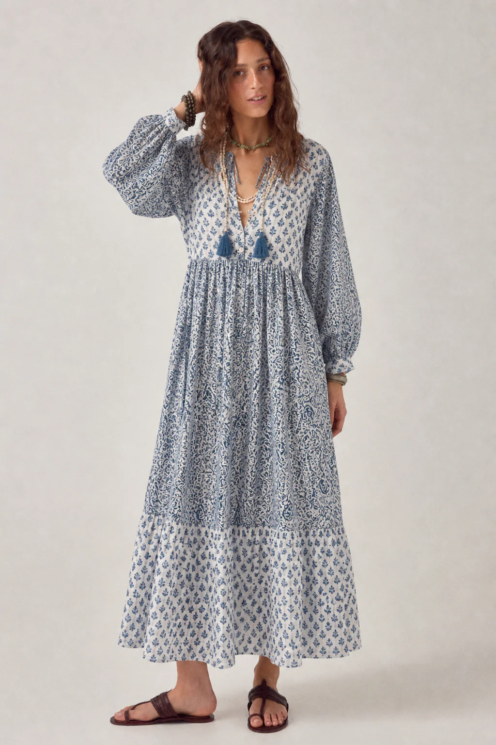 Woodblock printed Cotton Voile dress in blue and white print with button bodice with ties. - Image 3